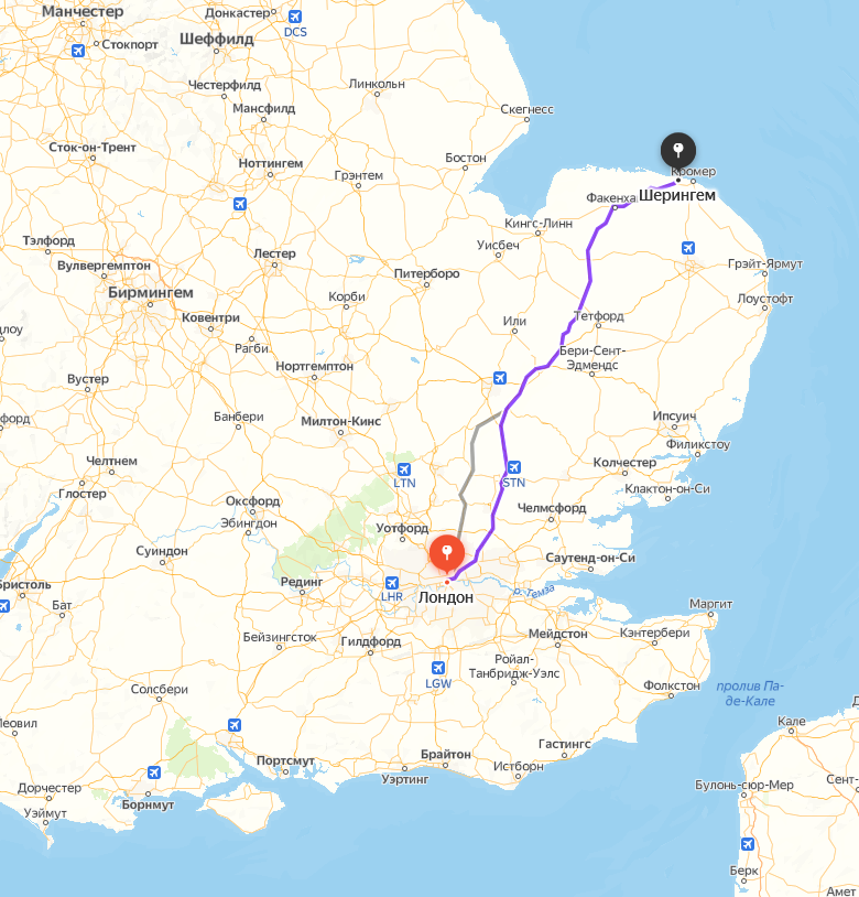 Маршрут Лондон - Шерингем. Яндекс.Карты