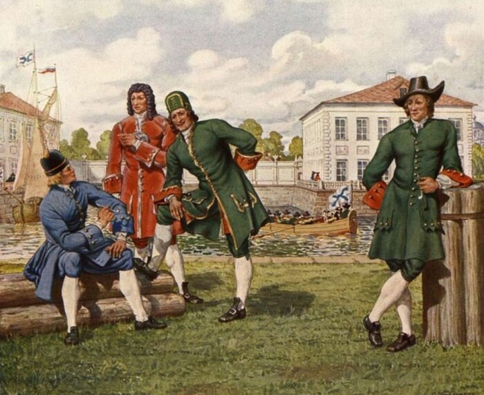 Гребцы из состава "яхтенной и гребецкой команды", начало XVIII века. Рисунок из книги "Памятка гвардейского экипажа" 1910 года издания. Источник: http://fulltext.pl.spb.ru