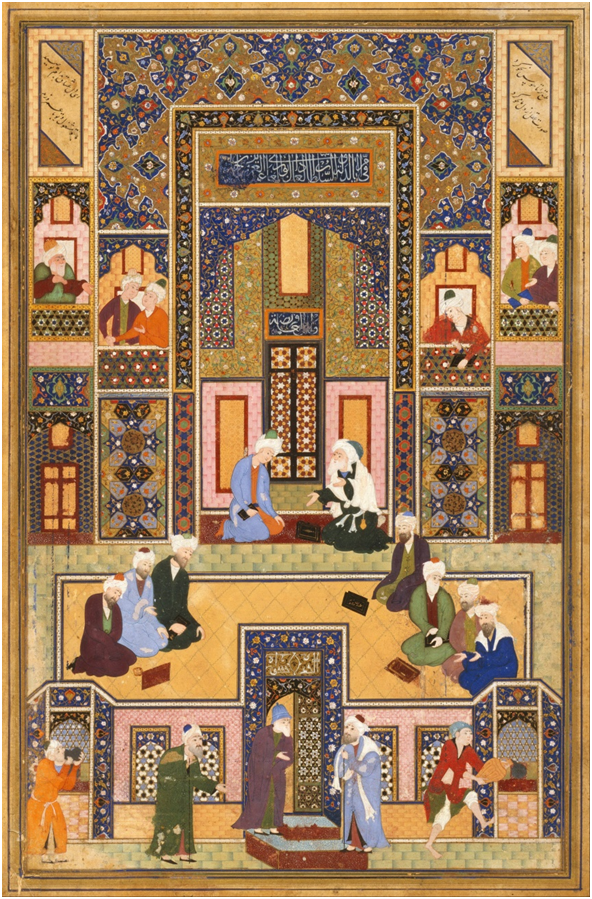 Абдулла. Беседа теологов. Бухара, 1540-50гг, Музей Нельсона-Аткинса. Канзас Сити. Первый тип миниатюр Абдуллы. Построение композиции позаимствовано из произведений Бехзада: симметричное расположение фигур и архитектурные кулисы, создающие иллюзию глубины пространства. На одной из книг, лежащих перед теологом надпись: "Абд Алла мусаввир" (художник Абдулла)