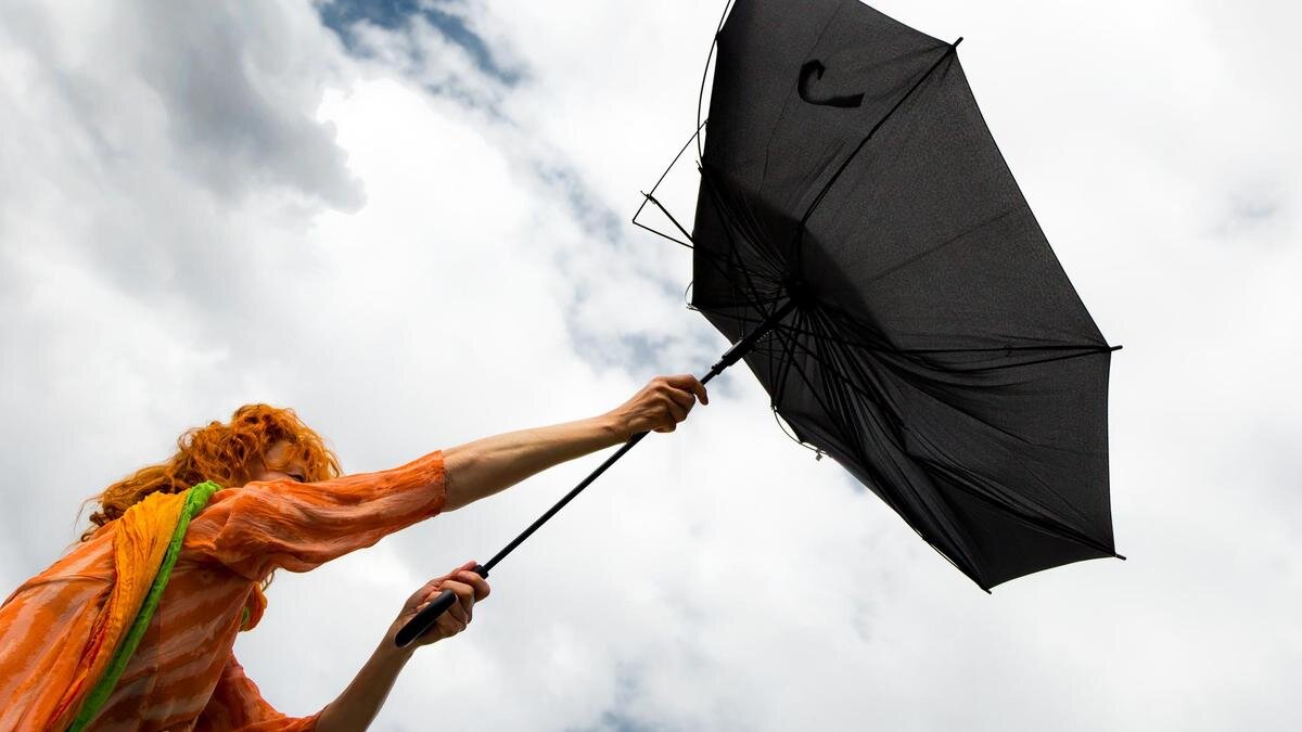    Женщина держит в руках зонт, поломанный ветром:Rainer Fuhrmann / EyeEm / Getty Images