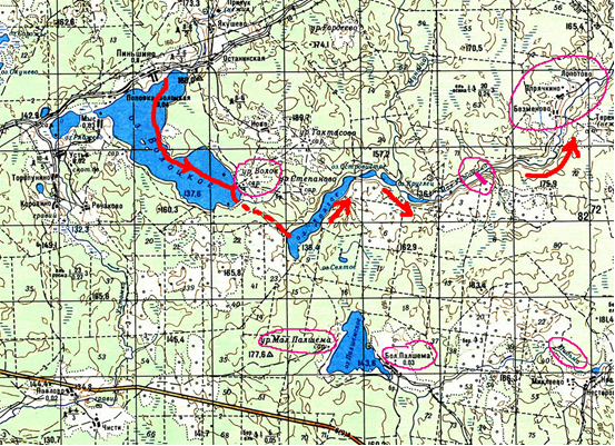 Рисунок 1. Красный волок и окрестности. Фрагмент маршрута экспедиции.