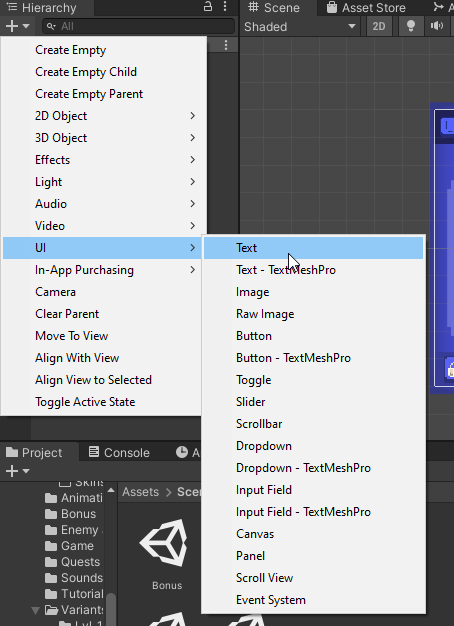 Добавление Text в Unity