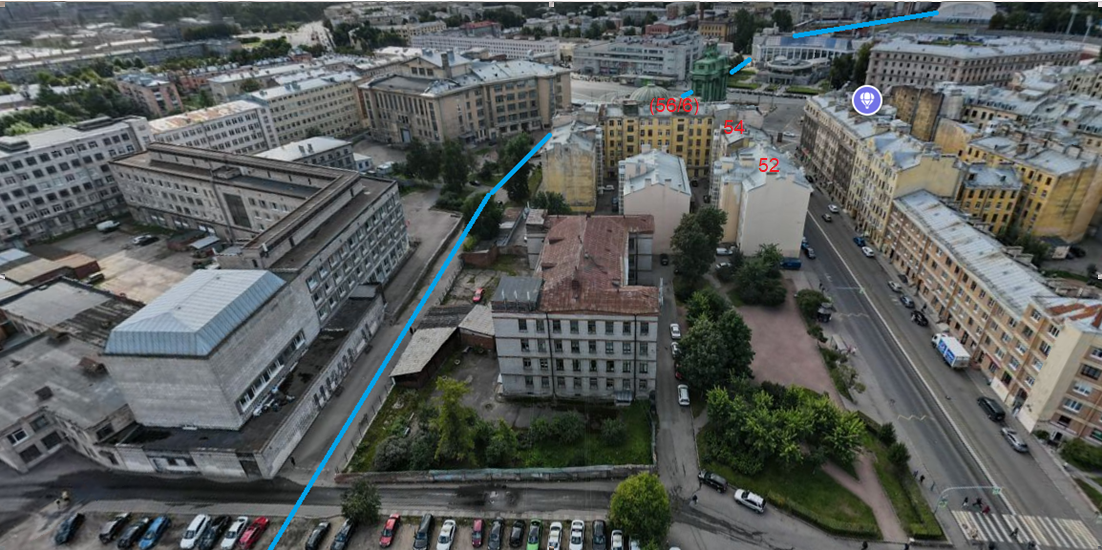 Участки №№52-56 по Старо-Петергофскому проспекту. Голубым цветом показано направление русла р. Таракановки. Ист.: Яндекс.Карты.