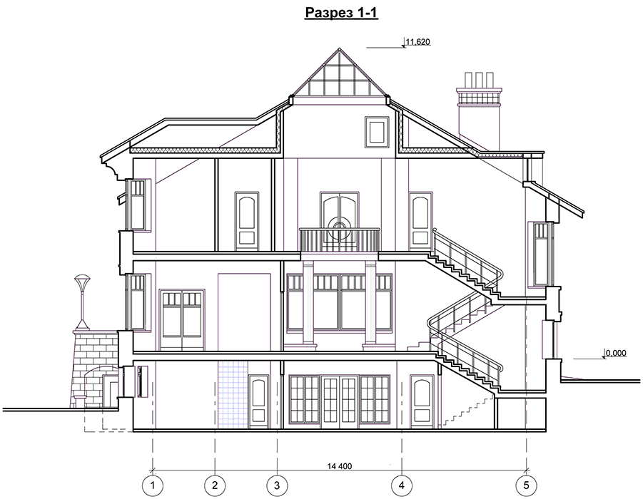 Проект двухэтажного дома 786 м2 в стиле барокко с цокольным этажом, сауной и двухместным гаражом - PA-14