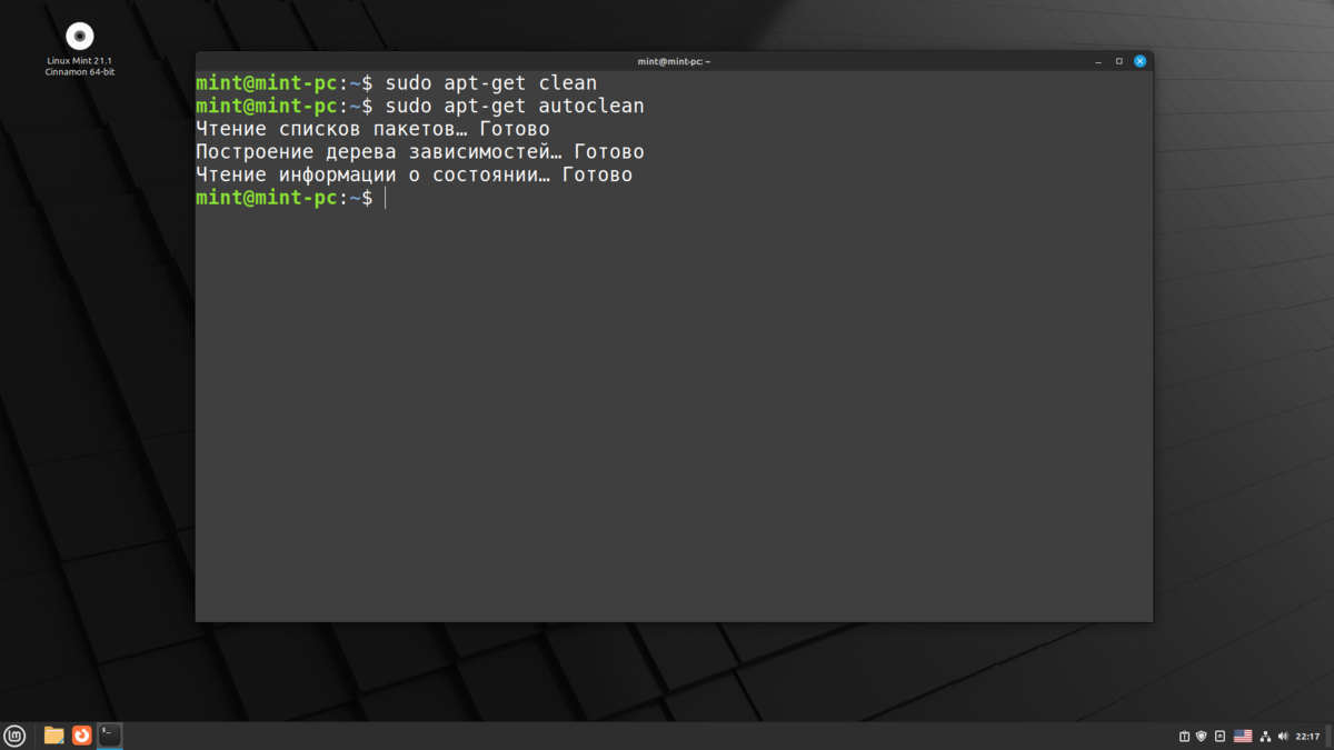 Команды clean и autoclean, выполняемые после обновления вновьустановленной Linux Mint на виртуальной машине