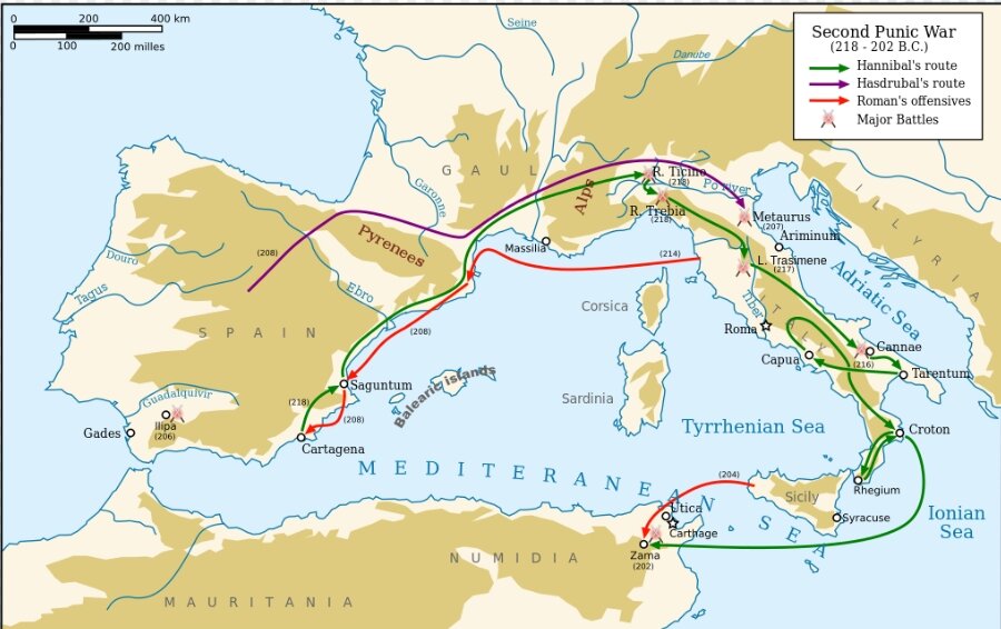 Карта основных военных действий Второй Пунической войны