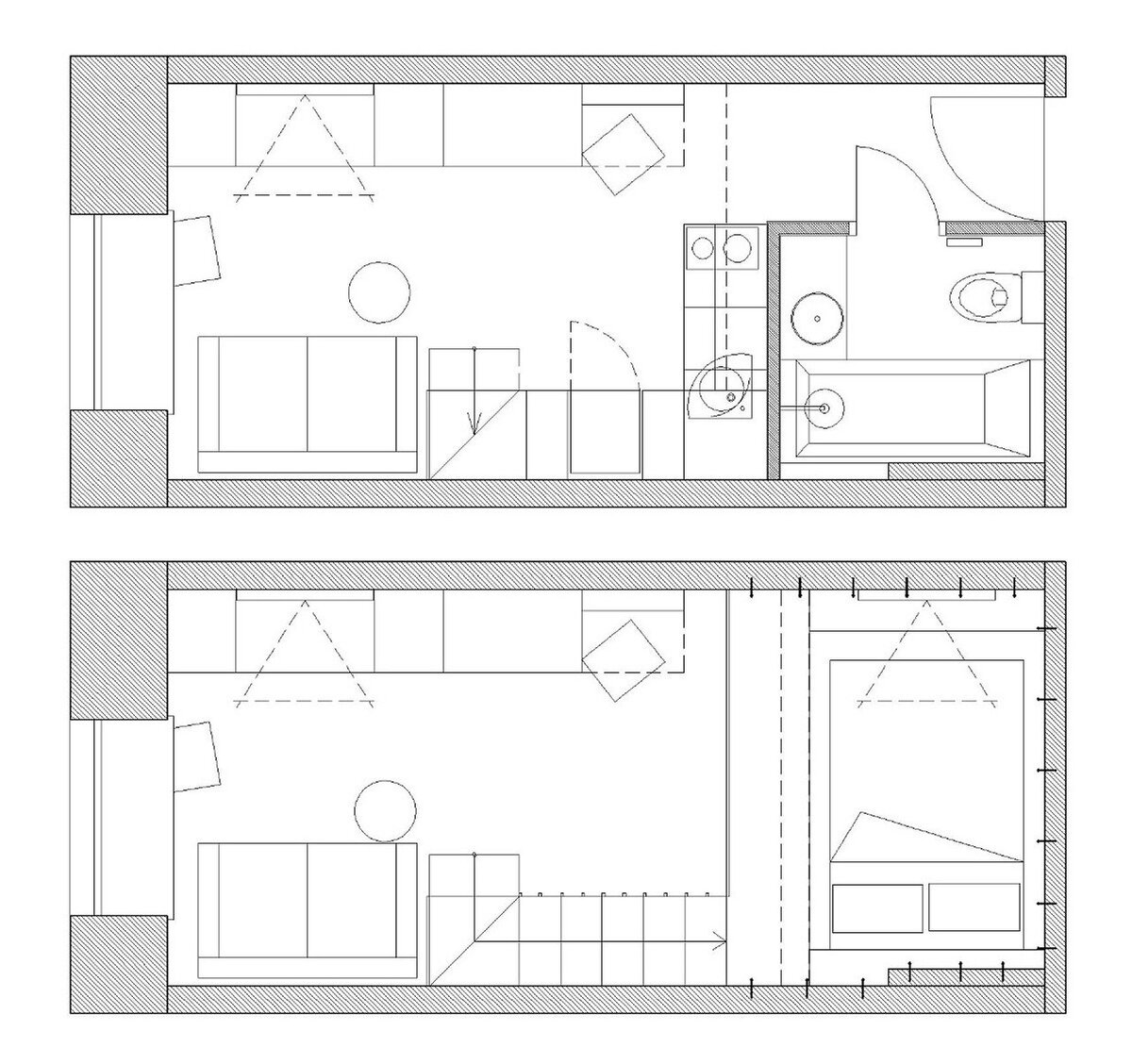 Поразительное преображение крохи на 18м² в уютную и многофункцинальную квартиру на 25м² со спальней и рабочей зоной.