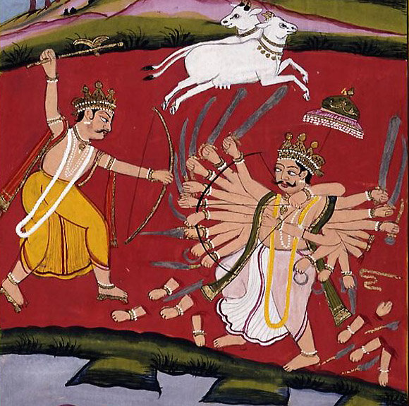 Вишну сражается с многоруким Картавирьей, укравшем телят Камадхены.