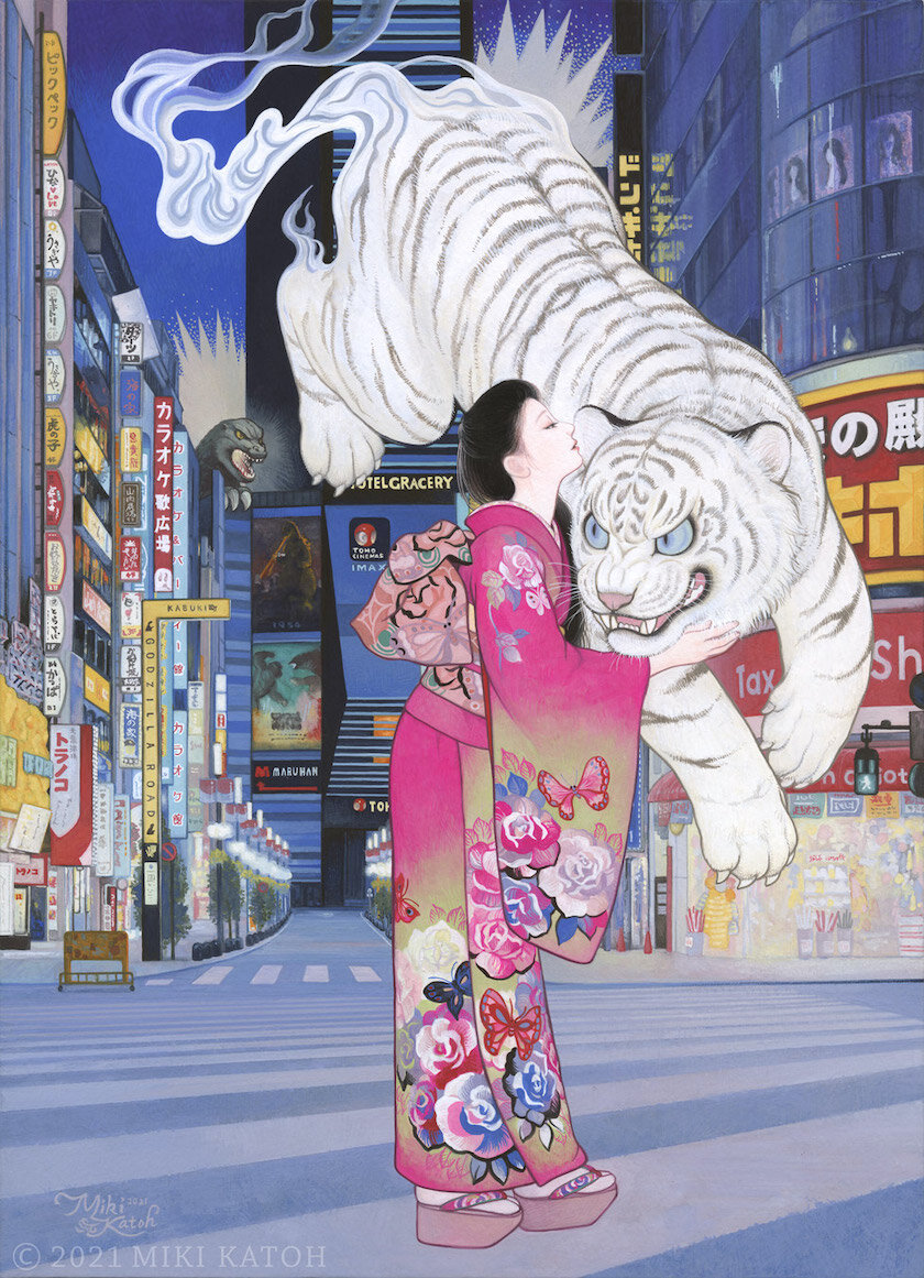 Решающая битва в Синдзюку. Картина на фоне Улицы Годзиллы - улица, названная в честь Годзиллы в Кабукичо, Синдзюку, Токио