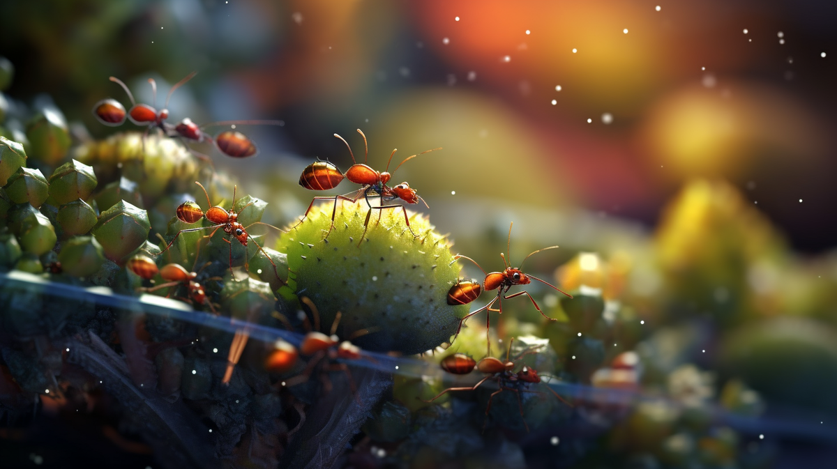 Изображение сгенерировано мной в нейросети Midjourney. Это ненастоящие муравьи и ненастоящие суккуленты. 😉