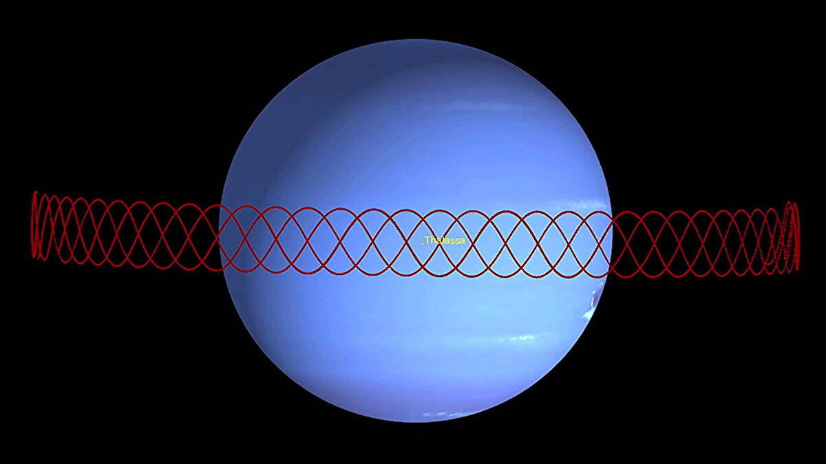Наяда, имеет наклонную орбиту и движется вверх-вниз относительно соседнего спутника Талассы. Фото: NASA/JPL-Caltech 