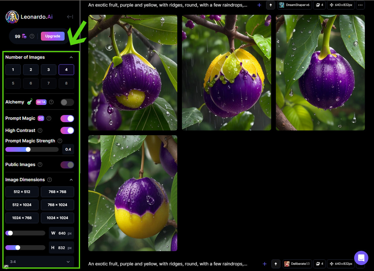 Панель настроек и параметров изображения модели Leonardo AI.