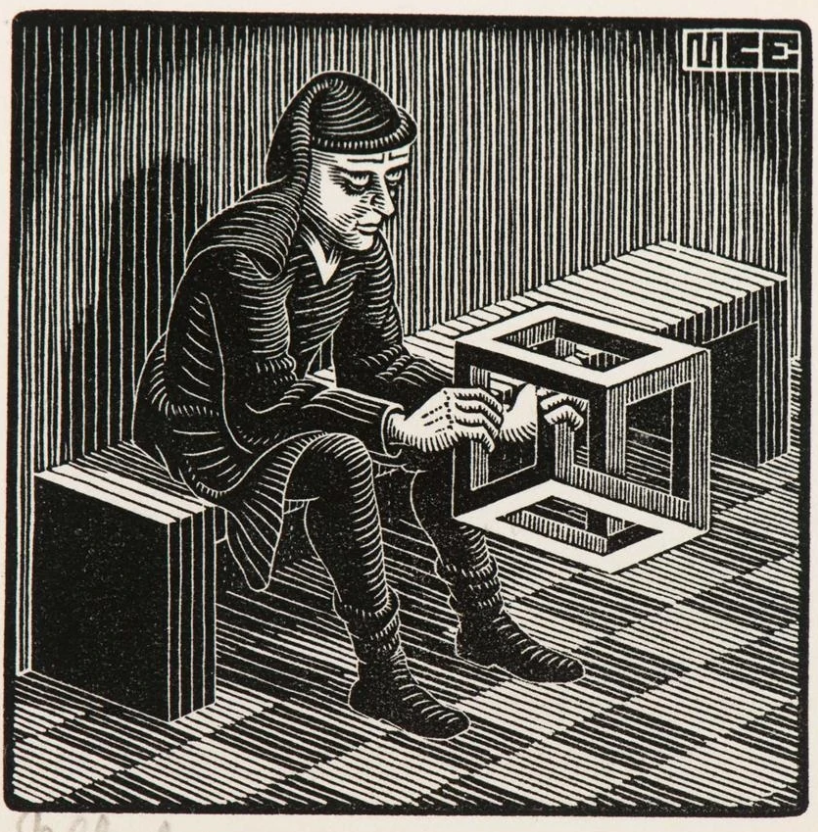 Человек с кубоидом (Maurits Cornelis Escher) Гравюра 1958 г. (из свободных источников сети Интернет)