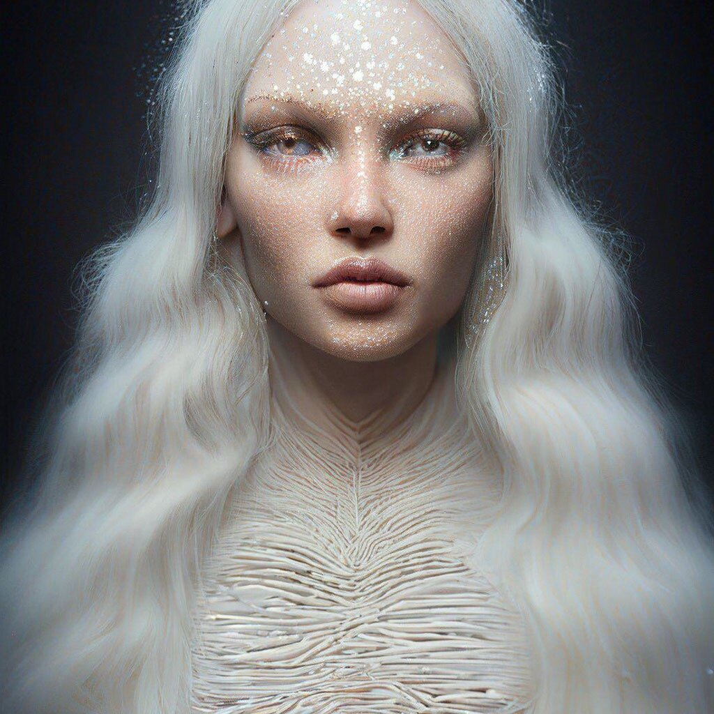 Мода: мерцающая девушка Maurizio Galante, кинематографично, 16k, гипердетализация, гиперреализм, замысловатая прическа, symmetry, костяные геометрические узоры на лице и теле, пушистая пыль, высокий октан, высокий люмен, длинные белые волнистые волосы, alabaster