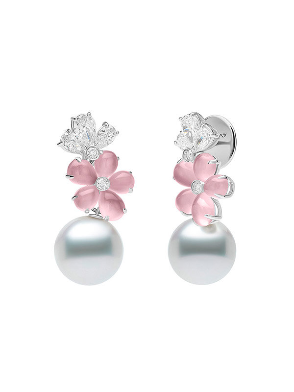 Серьги Mercury Flower из белого золота с жемчугом, бриллиантами и розовыми опалами 