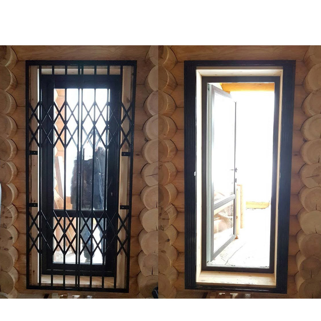 Защитная металлическая раздвижная решетка в бревенчатый дом на выход в патио