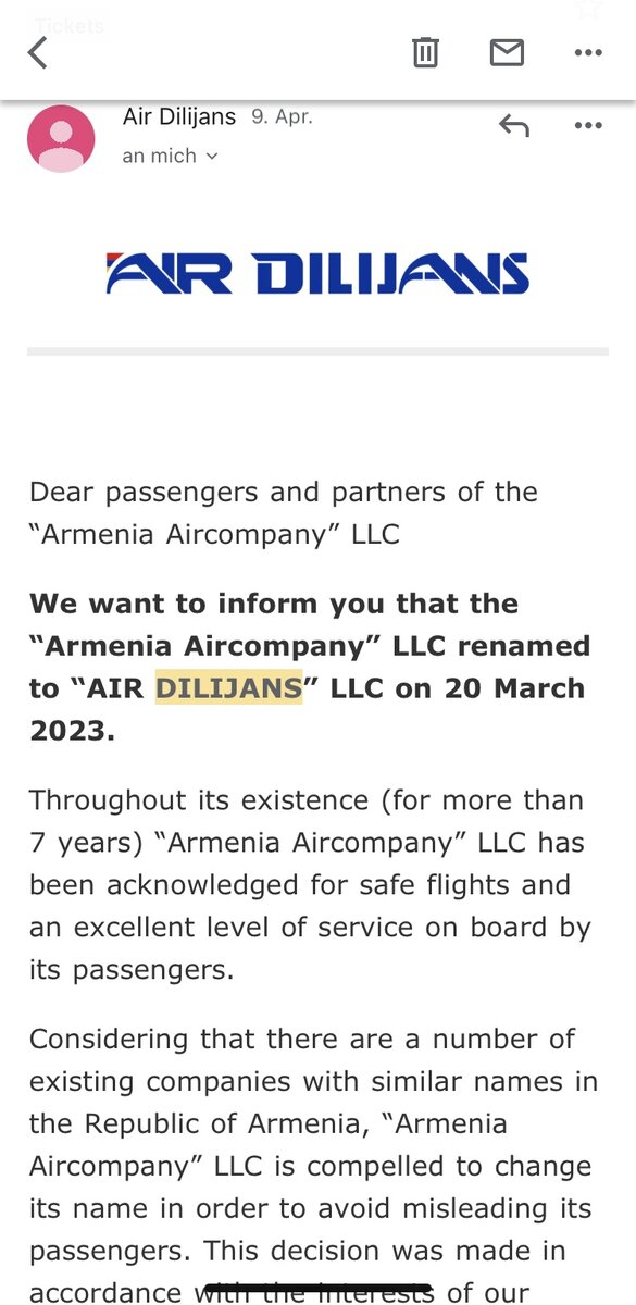 (с) Письмо о смене названия, которое мне прислала авиакомпания Air Dilijans
