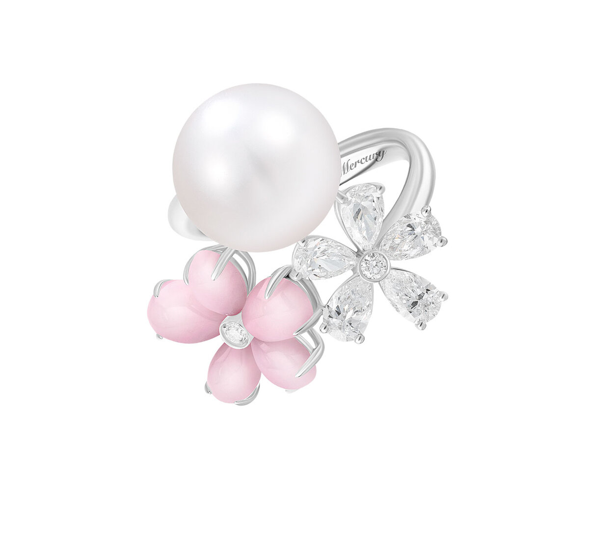 Кольцо Mercury Flower из белого золота с бриллиантами, жемчугом и опалами