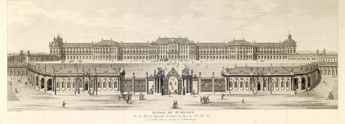 Большой Царскосельский дворец 1755-1761. Гравюра по рисунку М. Махаева. Источник: tzar.ru, Государственный музей-заповедник «Царское Село».