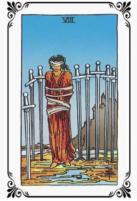 8 мечей таро. Восьмерка мечей таро уэйта. 8 мечей значение таро уэйта. 8 мечей райдер уэйт. 8 мечей райдер уэйт.