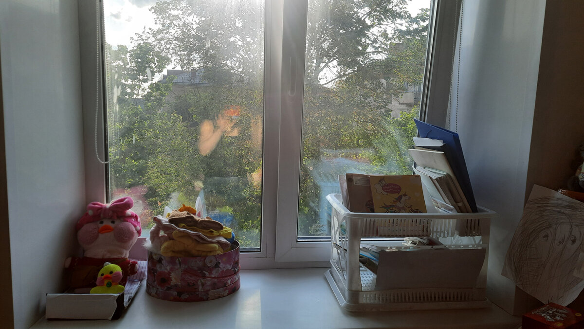 На нашем окошке всегда живет уточка Лалафанфан. Кроватку мы белали своими руками из картонной коробки. Справа на подставке сложены все ее блокноты. 