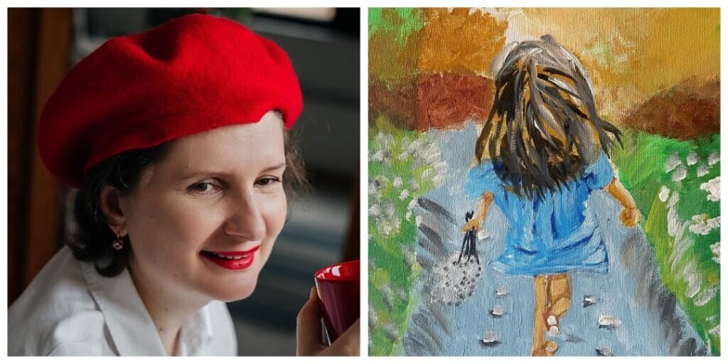 Слева — Алёна сейчас, справа — картина Алёны «Девочка в поле»