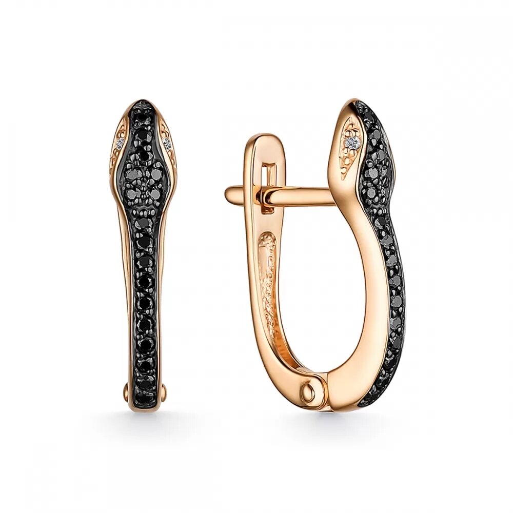 Золотые серьги змейки с черными бриллиантами