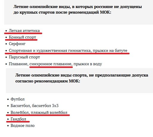 В этих видах спорта россиян не допустят даже в индивидуальных соревнованиях, а ведь шансы на медали в подчёркнутых видах спорта весьма высоки...