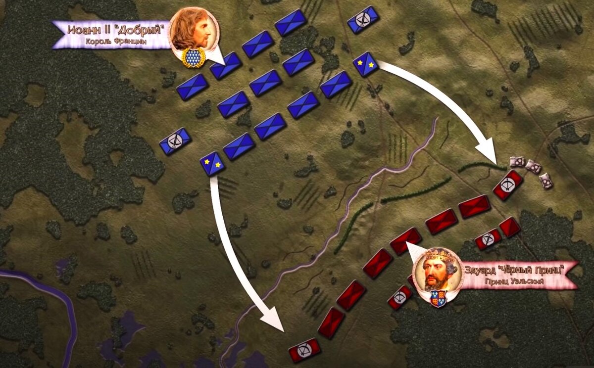 Схема атаки французской тяжеловооружённой кавалерии под предводительством маршалов Арнуля д’Одрегема и Жана де Клермона. Источник: исторический видеоканал «Маховик истории»; https://www.youtube.com/watch?v=SoHS05Jl13I&t=2971s