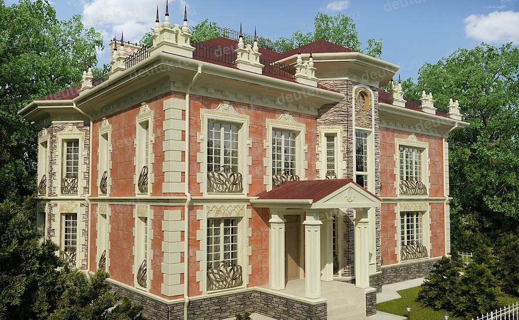 Проект классического двухэтажного дома 368 м2 из керамоблока с кабинетом и эркером - DT0350