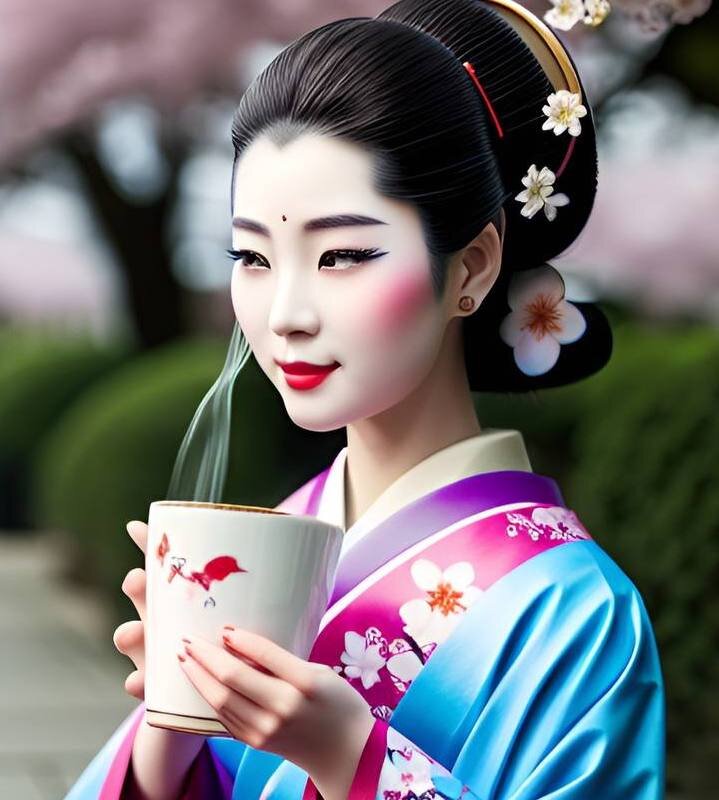 Изображение гейши с чашкой кофе, созданное нейросетью.