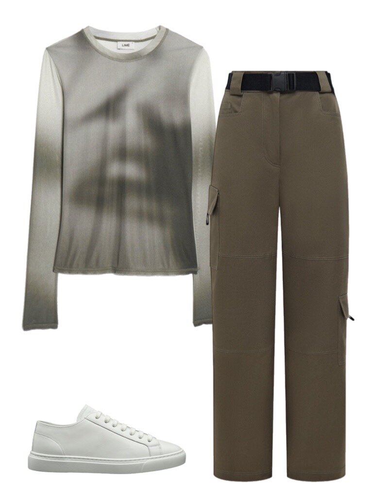     Лонгслив LIME, lime-shop.ru; карго Present & Simple, presentandsimple.com; кеды Doucal's, doucals.com