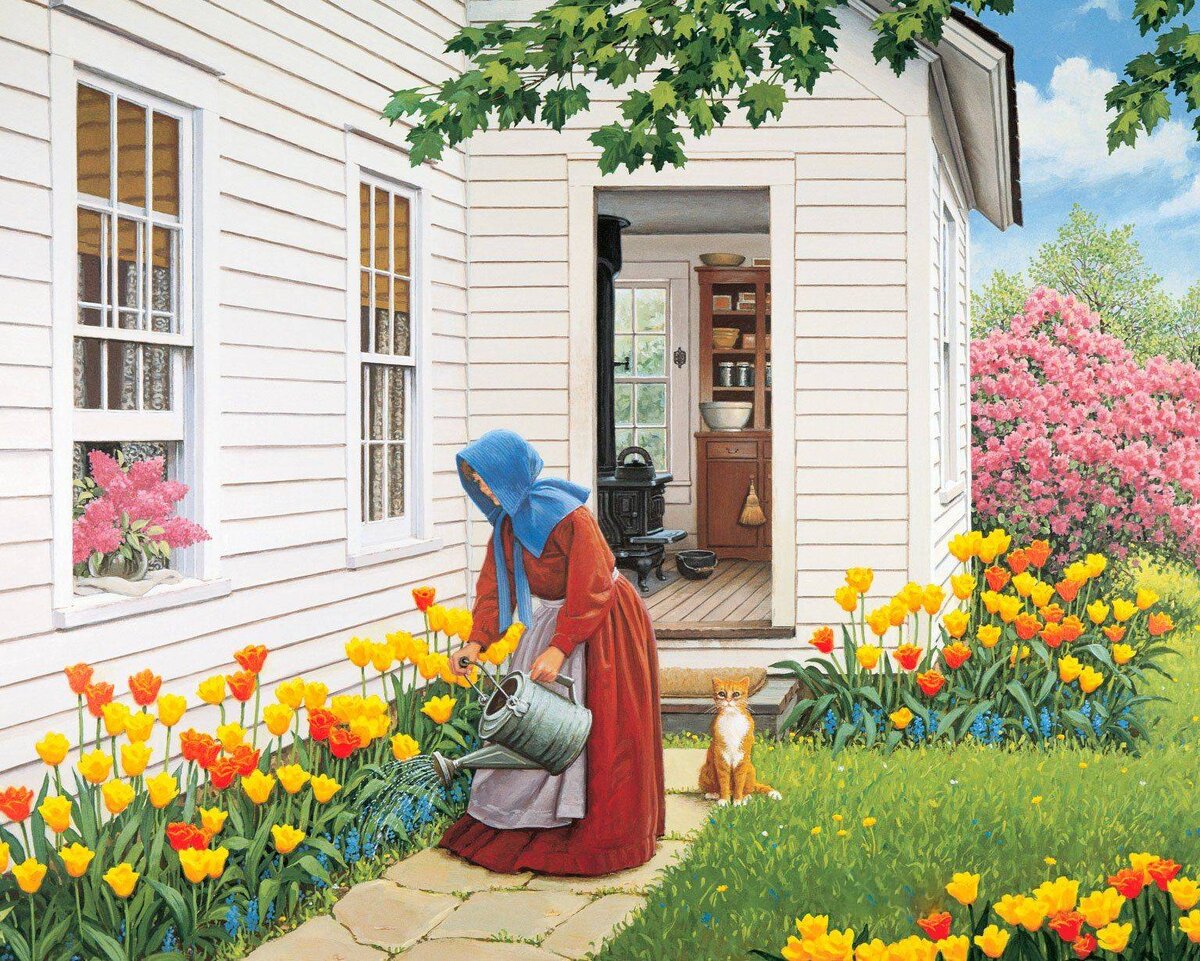 художник шевелёв александр-сирень. заросший сад. картина дача. бабушка в саду с цветами. сад у бабушки в деревне.