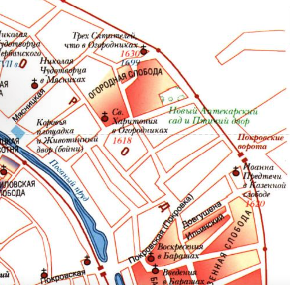 Огородная слобода на восстановленной карте Москвы 1675 года. С сайта www.retromap.ru. 