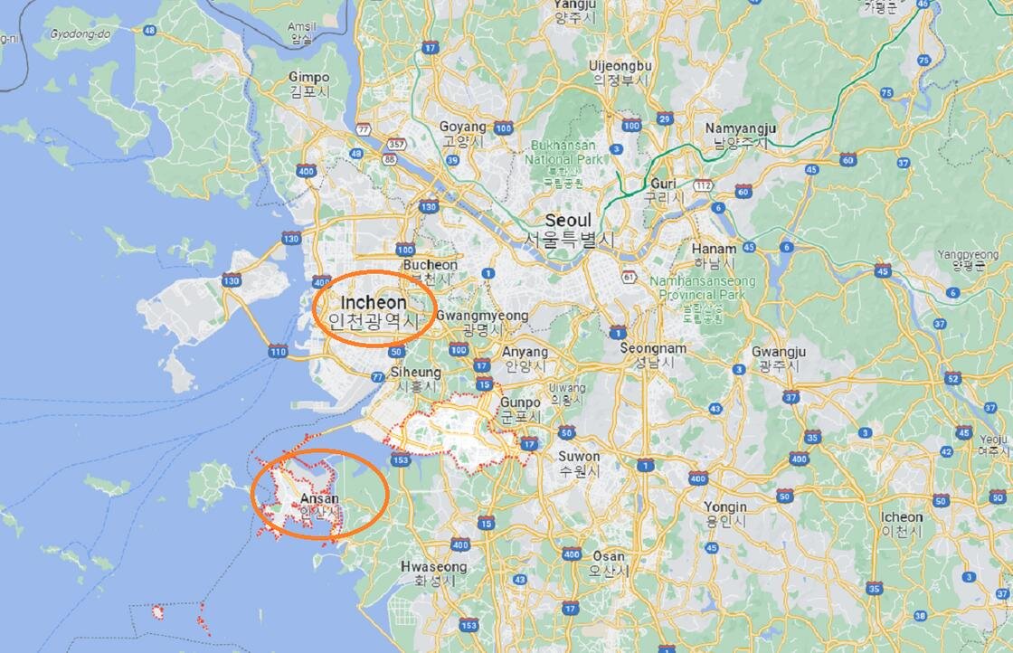    Города Ансан и Инчхон на карте Южной Кореи:Google Maps