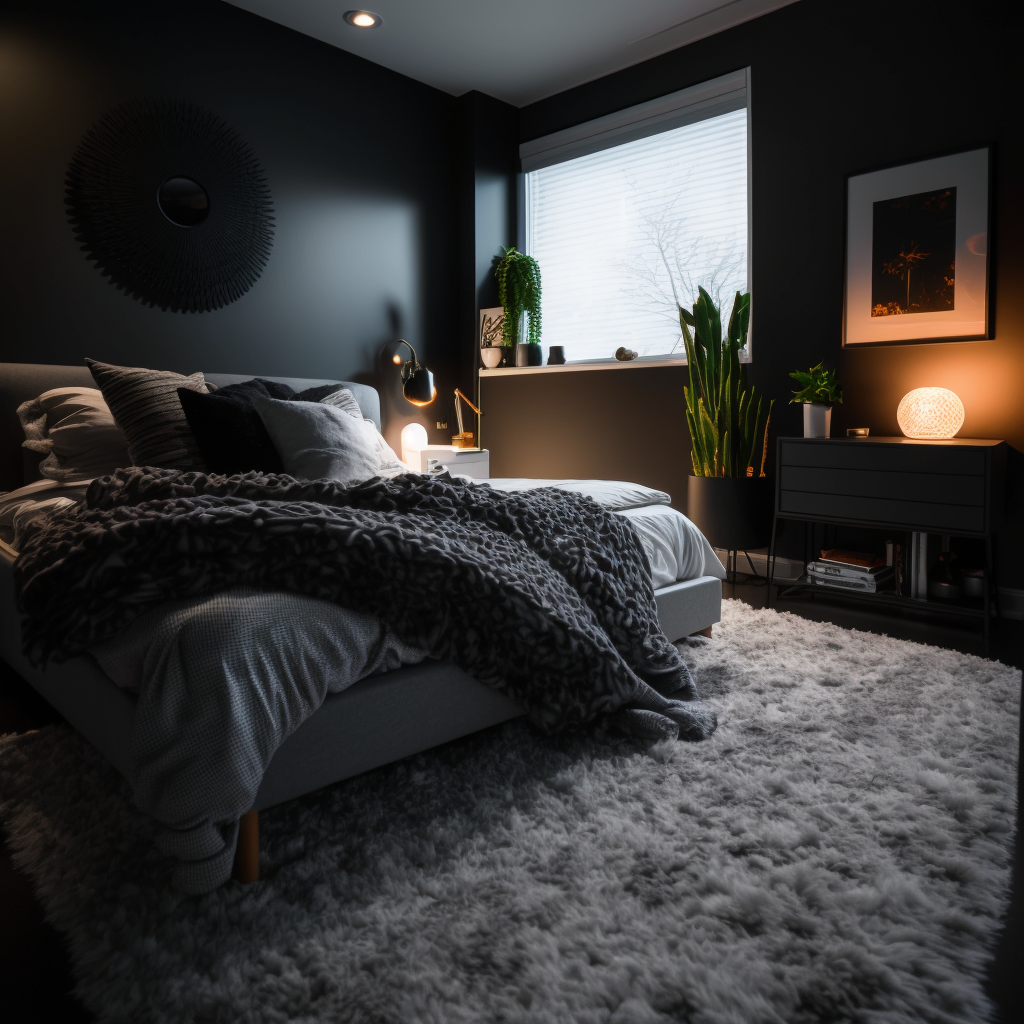 Серый ковер в черной спальне