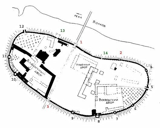 Схема новгородского кремля с названиями башен