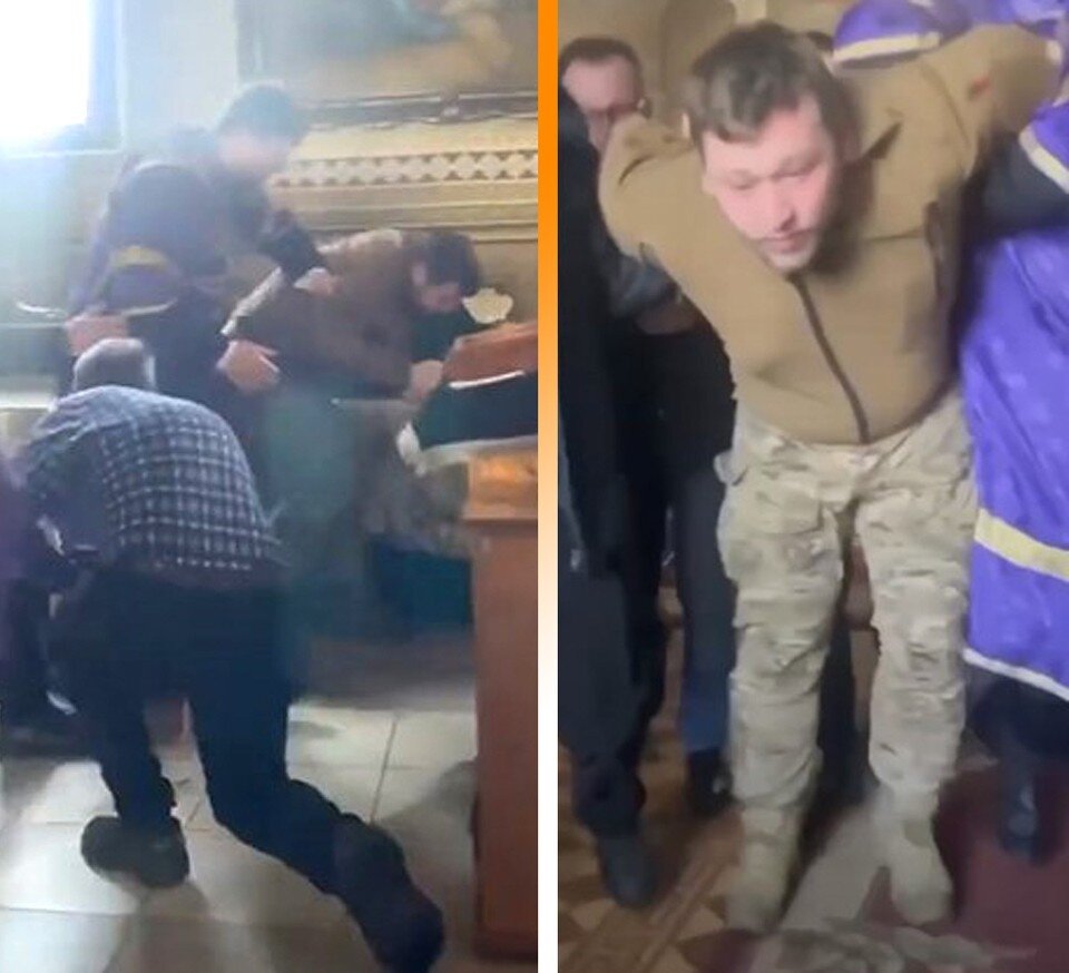     Священник при помощи двух мужчин-прихожан скрутил хулигана.  YouTube