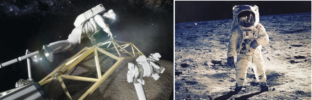 Слева - астронавт, привязанный к подножке, готовится исследовать валун астероида в изображении художника NASA. Справа - такое же художественное изображение астронавта на Луне, поскольку он явно освещён постановочным прожектором, а не Солнцем.