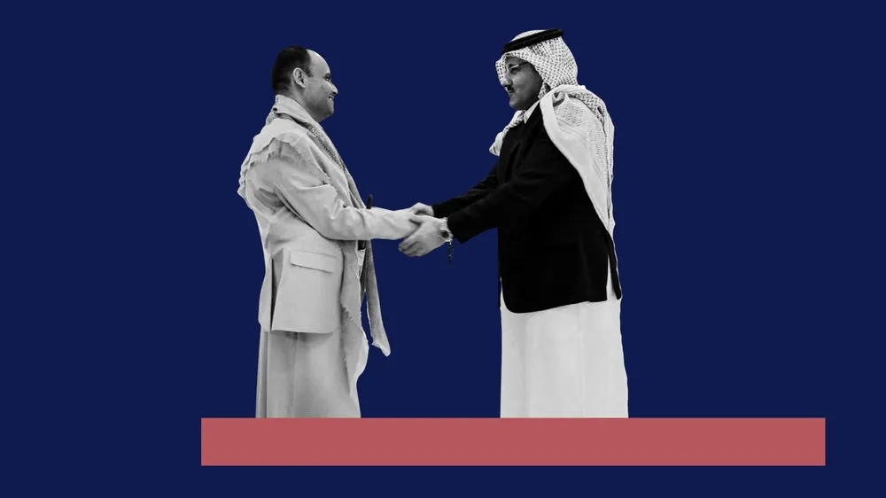 Рукопожатие между Махди аль-Машатом, переговорщиком хуситов, и Мохаммедом аль-Джабером, послом Саудовской Аравии, настоящее. © [М] ZEIT ONLINE; Фото: информационное агентство Saba/​Раздаточный материал/​Reuters.