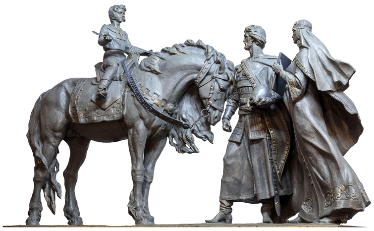 Памятник князю Ярославу Всеволодовичу, его жене Феодосии Мстиславне с сыном Александром, будущим Невским. Скульптор А.В. Чирков. Фото из открытых источников интернет.