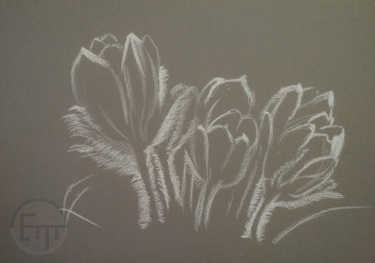 Художник Елена Тюрина. Процесс создания картины: "Весенние цветы". Стадия I . Сухая пастель. 2021 г. Размер: 21 х 29.7 см.