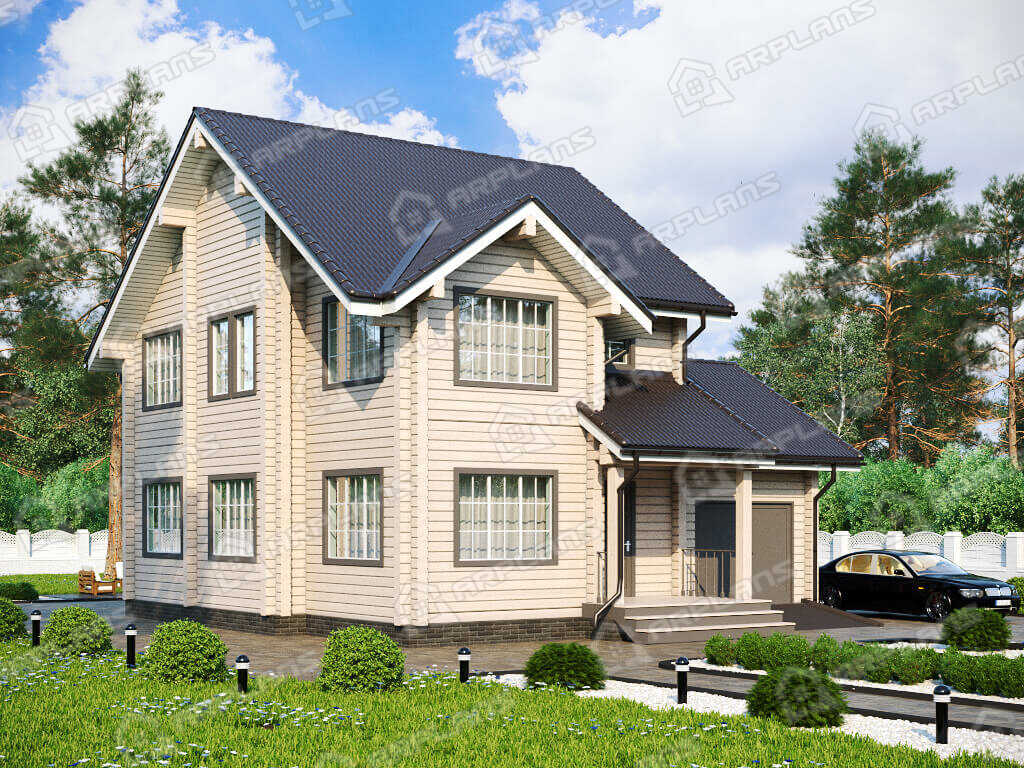 Фото 2 двухэтажного дома из бруса с мансардой, 2 спальнями и гаражом. 150 кв м. Источник arplans.ru Проект ДС-165