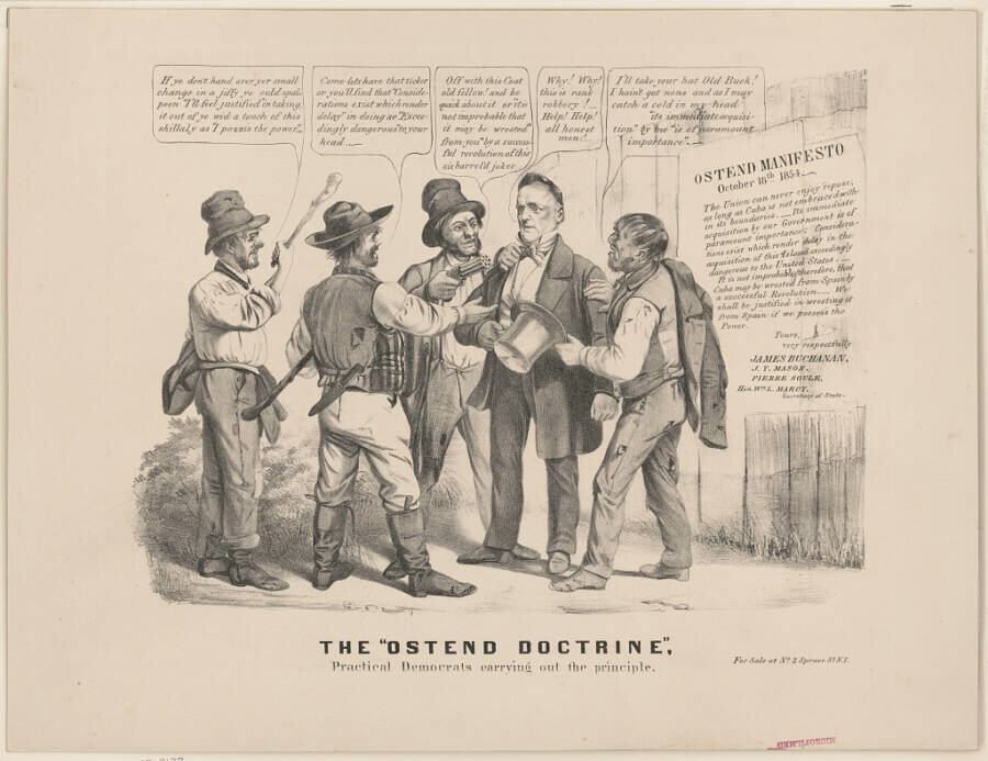 Карикатура 1856 года, высмеивающая роль Джеймса Бьюкенена в Остендском манифесте. 
