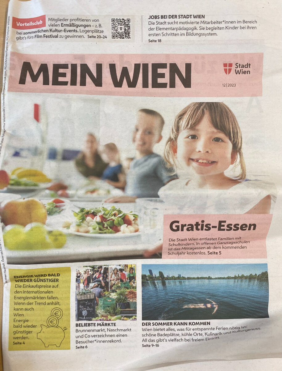 Газета "Моя Вена" со статьей о бесплатном питании для школьников в Вене