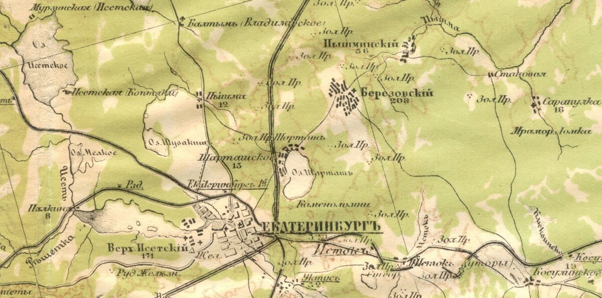 Екатеринбург, Березовский завод и места первых золотых приисков на карте 1874 года