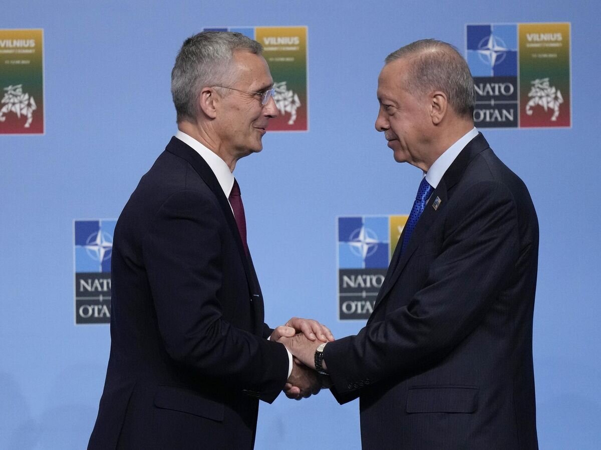    Генеральный секретарь НАТО Йенс Столтенберг приветствует президента Турции Реджепа Тайипа Эрдогана во время прибытия на саммит НАТО в Вильнюсе© AP Photo / Pavel Golovkin