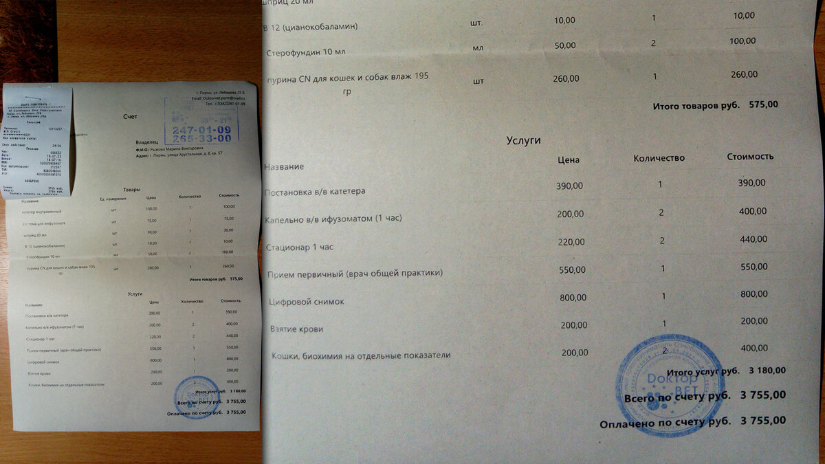 Это чек и распечатка того, что было сделано кошке Лапочке