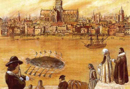 Подводная лодка Корнелиуса Дреббеля, совершает свое путешествие по Темзе. wikipedia.org