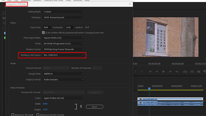 Секвенция автоматически подстроилась под цветовое пространство HLG.